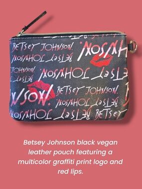 Betsey Johnson black vegan leather pouch multicolor graffiti Logo print & Lips